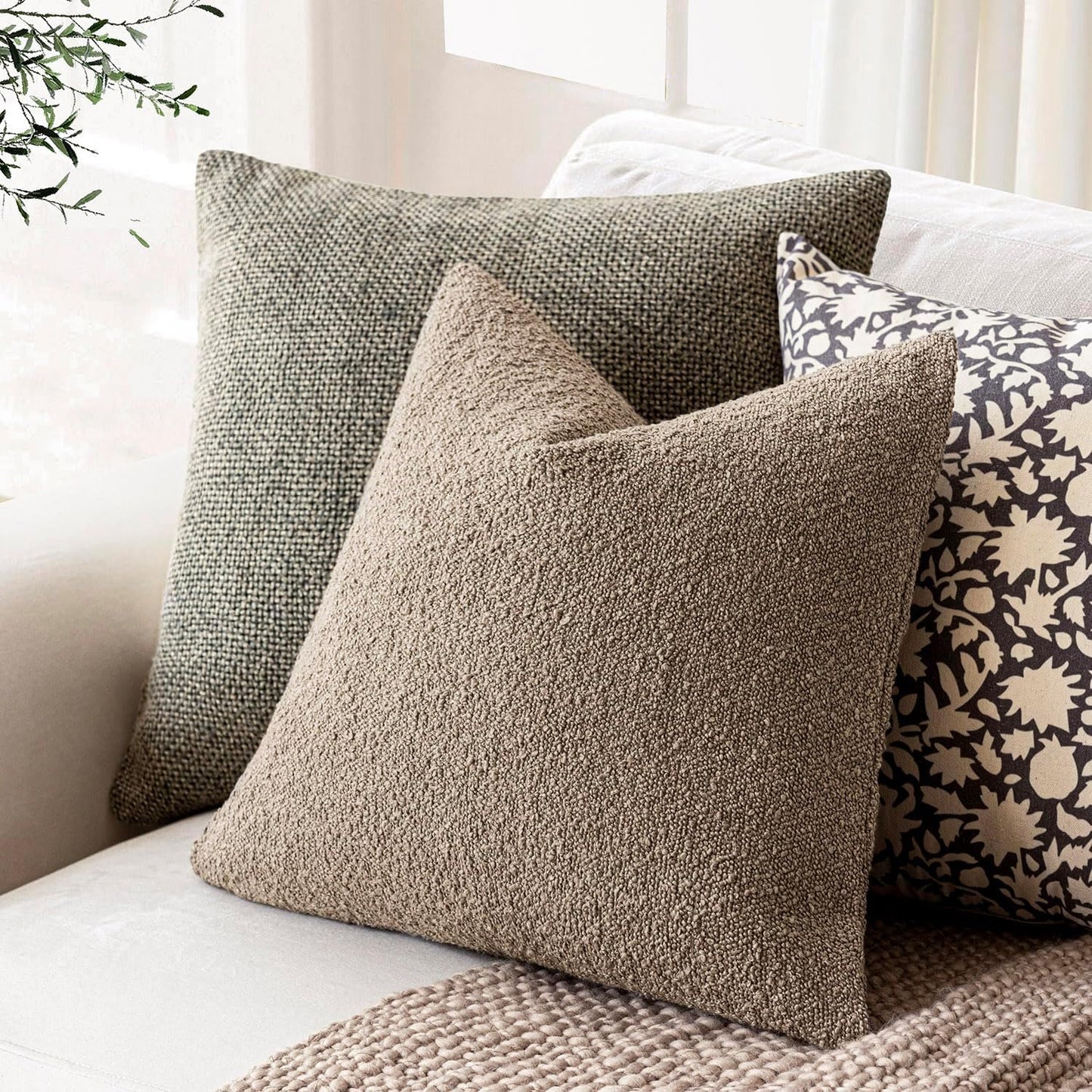 Foindtower Pack of 2 Textured Boucle Throw Pillow Covers Accent Solid Pillow Cases Cozy Soft Decorative Couch Cushion Case for Chair Sofa Bedroom Living Room Home Decor 18x18 Inch Light Khaki Tan