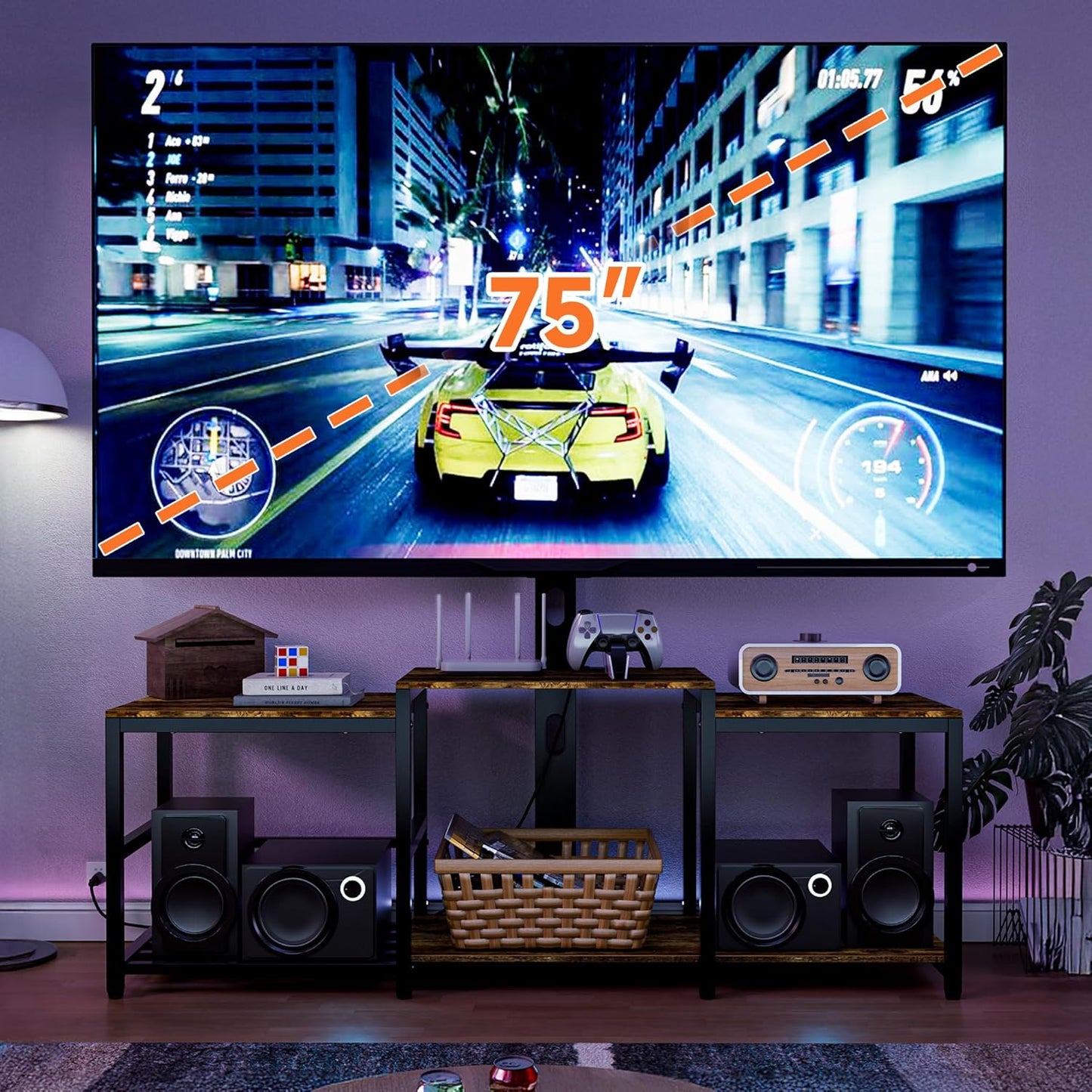 Aquzee TV Stand with Mount for up to 75 inch with Power Outlet, 58”W Wood Entertainment Center with Record Player Storage for 50 55 60 65 70 75 inch TV, Height Adjust Swivel Mounted Television Stand