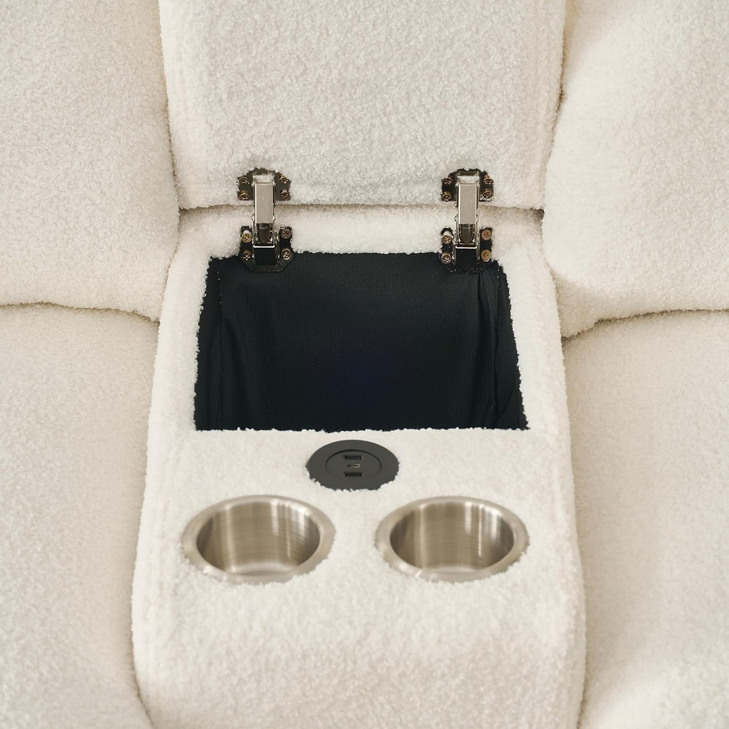 92-Inch Teddy Boucle Tufted Sofa Couch with Storage Console and Chaise Lounge, L-Shaped Left Facing Corner Sectional Sofa Couch with Cupholders, USB Ports and Golden Accent for Living Room Office