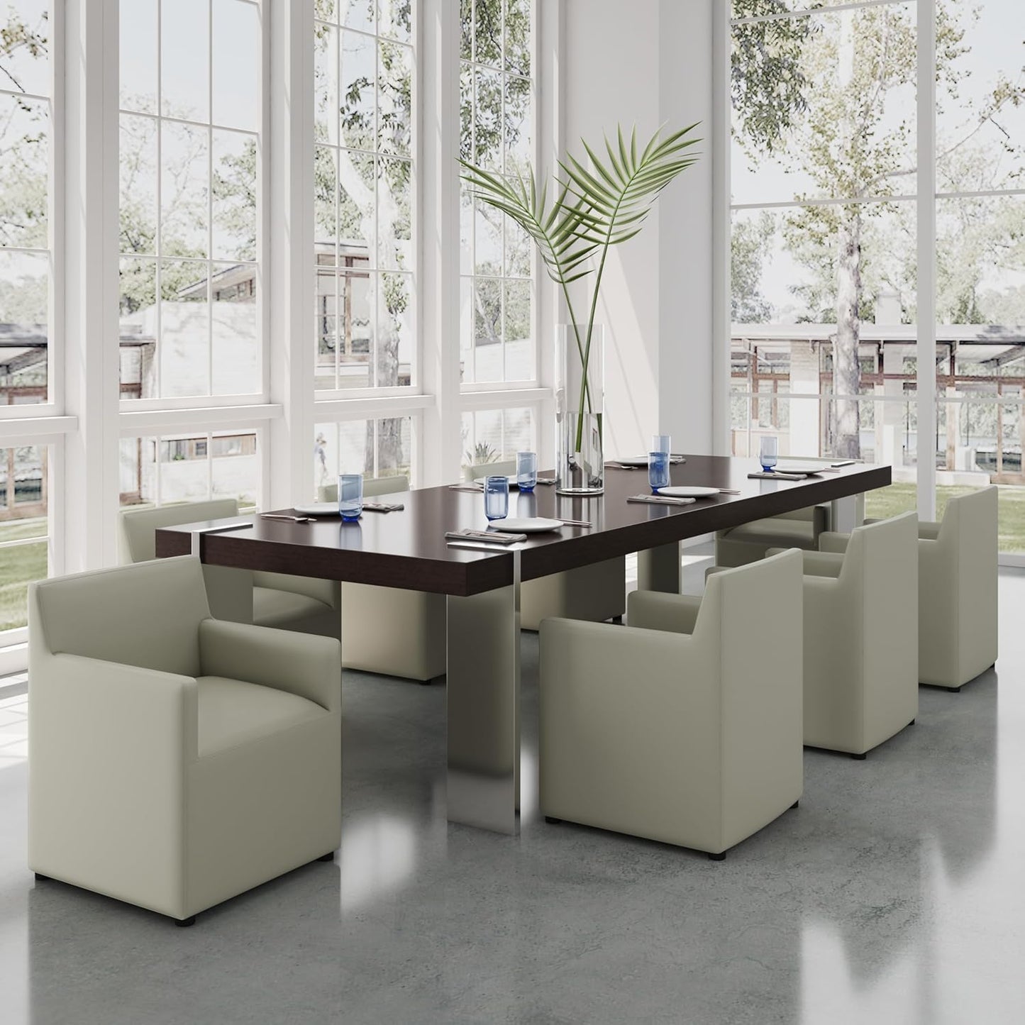 Manhattan Comfort Anna Square Modern Dining Chair with Arms, Head-to-Toe Faux Leather Upholstered Accent Armchair with Plastic Foot Padding, Set of 1, Stone Grey