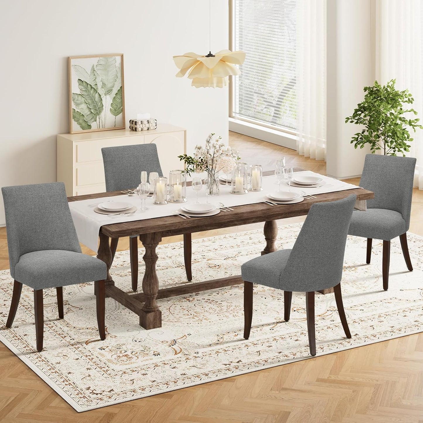 COLAMY Upholstered Dining Chairs Set of 4, Mid Century Modern Kitchen Chairs with Back, Farmhouse Fabric Side Dining Room Chairs with Wood Legs for Dining Room Restaurant, Light Grey