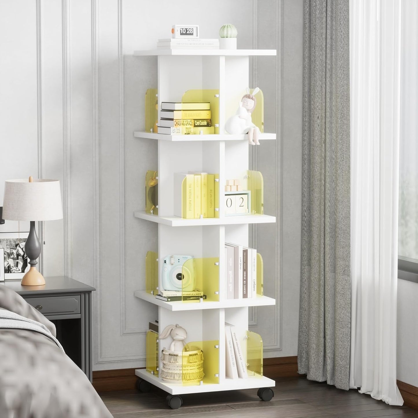 VECELO Rotating Bookshelf with Brake Wheels, 360°Display 4 Tier Floor Stackable Spinning-Bookshelf Tower for Kids&Adults, Revolving Bookcase for Small Space,Corner(White)
