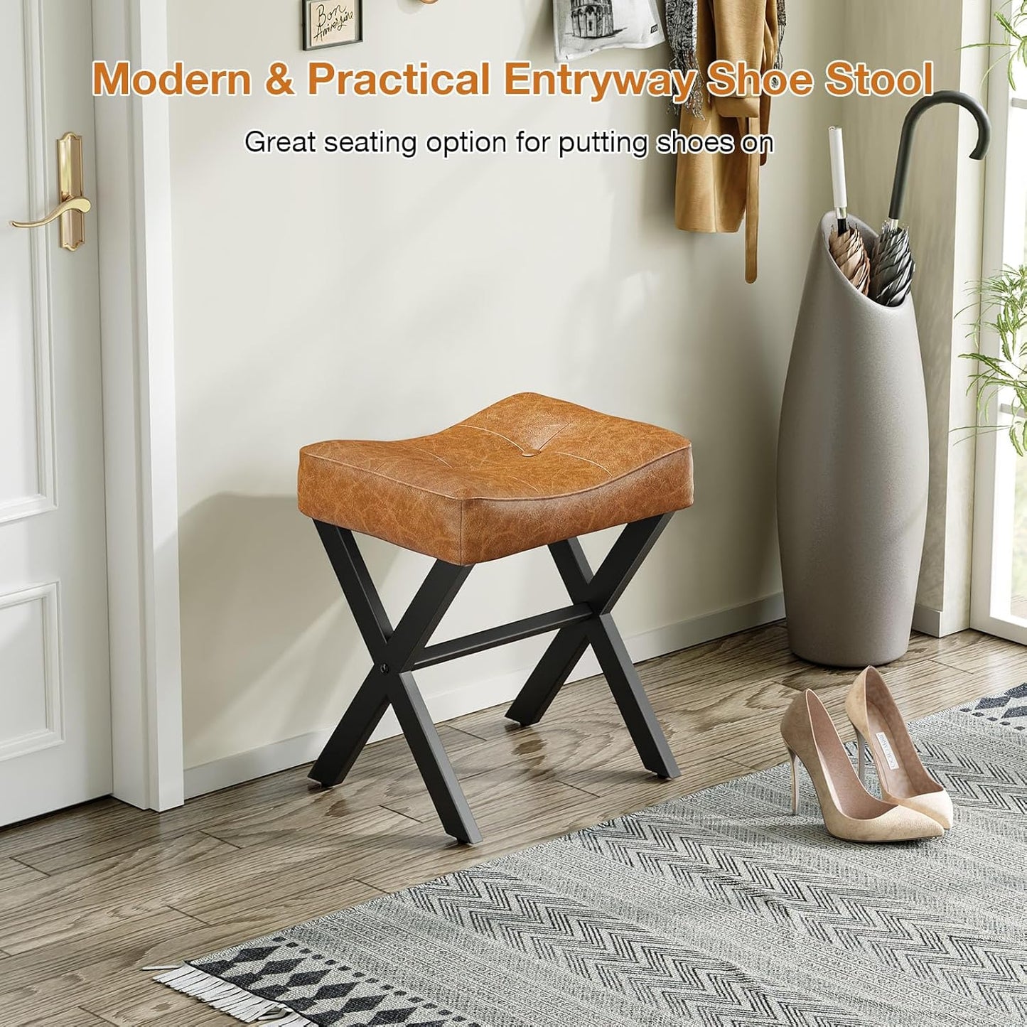 18-Inch Leather Vanity Stool Chair, Vanity Bench with Metal X-Leg, Ottoman Foot Stool with Thick Padded Saddle Seat, Brown