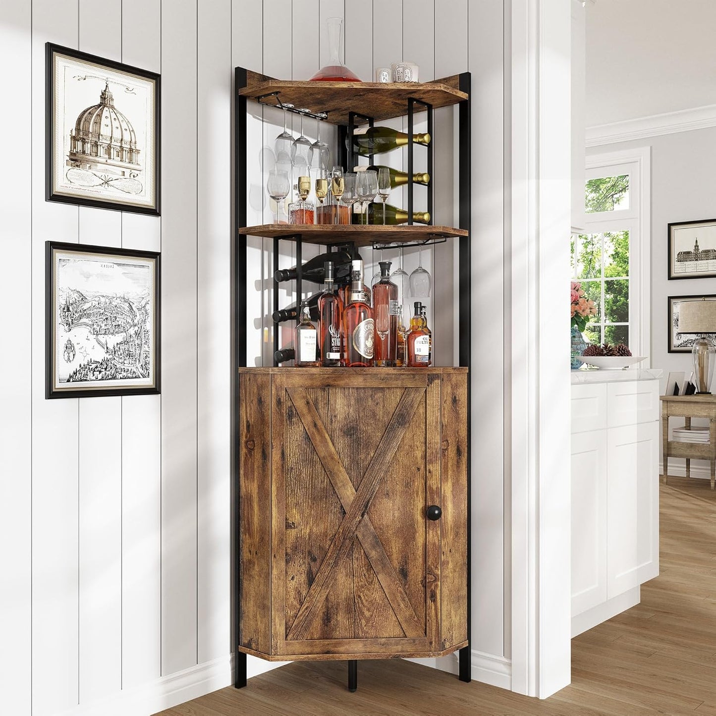 63” Corner Bar Cabinet with Wine Rack, 5-Tier Farmhouse Liquor Cabinet with Glass Holder, Adjustable Shelves & Barn Door, Rustic Brown Home Bar Storage for Living Room & Kitchen