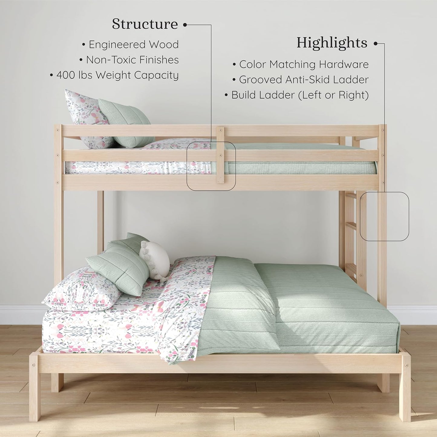 Grain & Grove Bear Twin Over Full Bunk Bed, Sturdy Bunk Bed Frame for Kids, Plywood Bunk with Ladder, Guardrail, and Slats, No Box Spring Required, Oak Embossed Natural