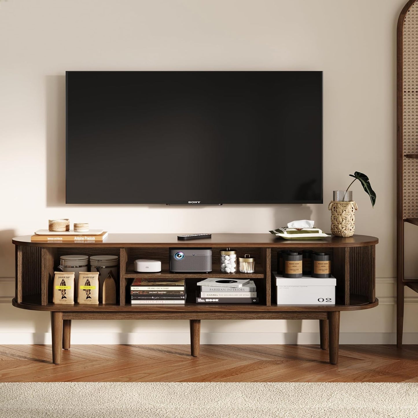 LINSY 58" Fluted TV Stand, Modern Entertainment Center for TVs Up to 65 inches, TV Console with Sliding Doors, Curved Profile Design, Media Console for Living Room, Walnut