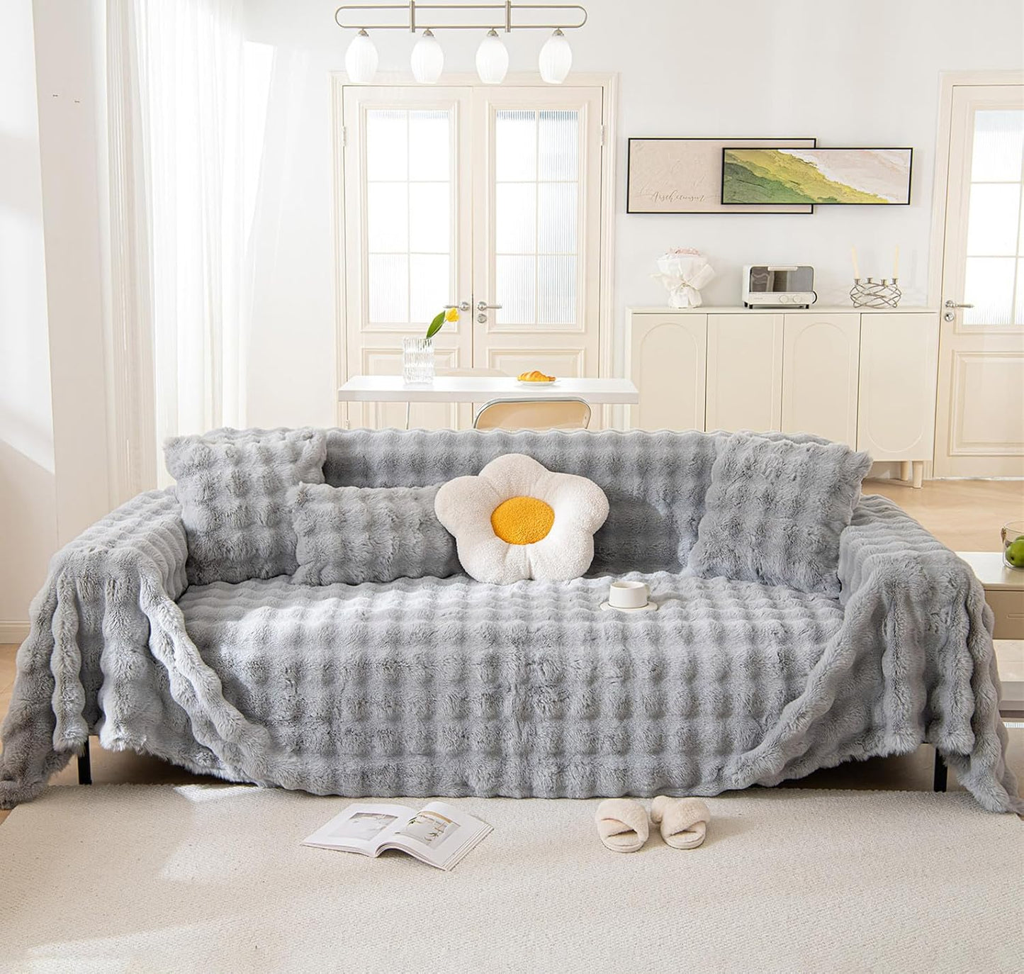 VM VOUGEMARKET Grey Couch Cover 1-Piece Universal Thick Faux Rabbit Fur Sofa Throw Cover Warm Soft Smooth Loveseat Cover Furniture Cover,Fluffy Plush Throw Blanket- Grey,71" x 118"