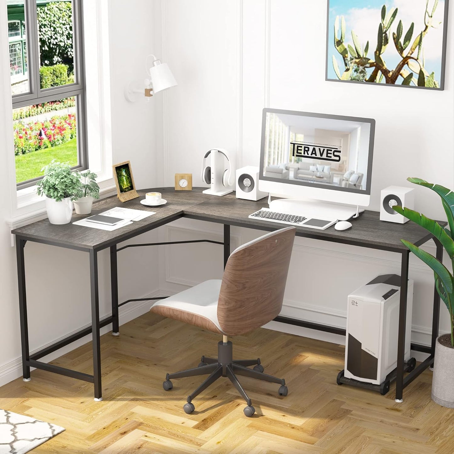 Teraves Reversible L Shaped Desk, 57.9" Gaming Computer Desk, Modern Corner Desks for Home Office Study, Space Saver Workstation Desk, Easy Assembly, Wooden