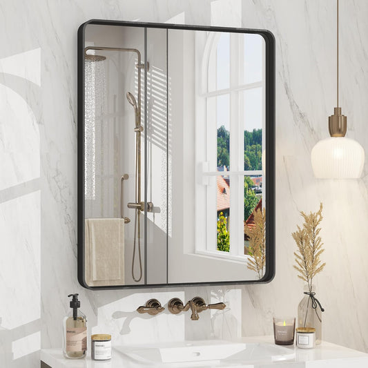 24x30 Inch Black Metal Framed Bathrrom Mirror for Wall, Matte Black Rectabgle Mirror, Rounded Corner, Anti-Rust (Horizontal/Vertical)