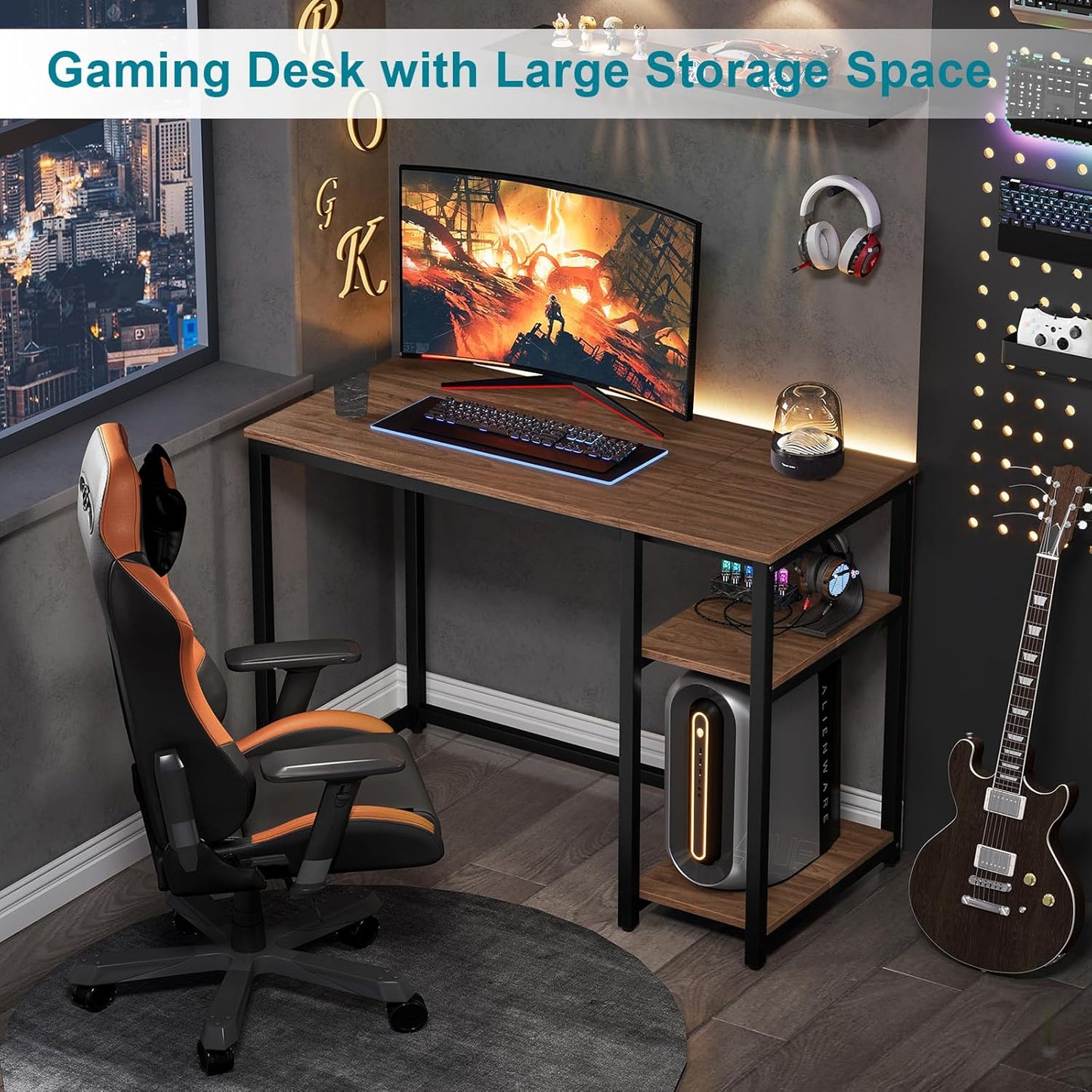 SINPAID Computer Desk 47 inches with 2-Tier Shelves Sturdy Home Office Desks with Large Storage Space Modern Gaming Desk Study Writing Laptop Table, Brown