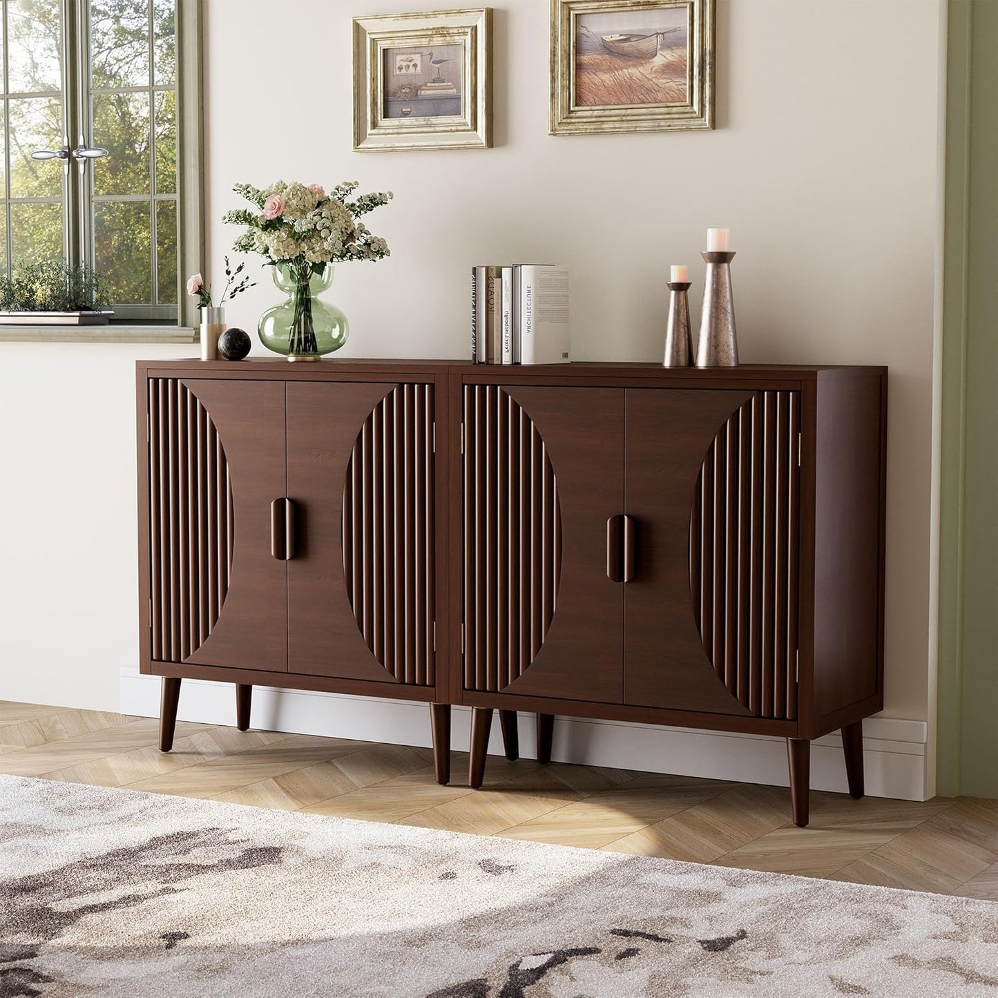 COSIEST Set of 2 30" Storage Sideboards with Doors, Accent Cabinets with Magnetic Push-to-Open Doors, Brown Line Pattern, Entryway Console for Living Room, Kitchen, Hallway