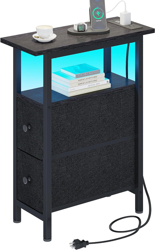 End Table with Charging Station, Narrow Side Table with 2 Fabric Drawers, Skinny Nightstand with LED Light, Slim Bedside Table for Bedroom, Living Room, Small Spaces, Black