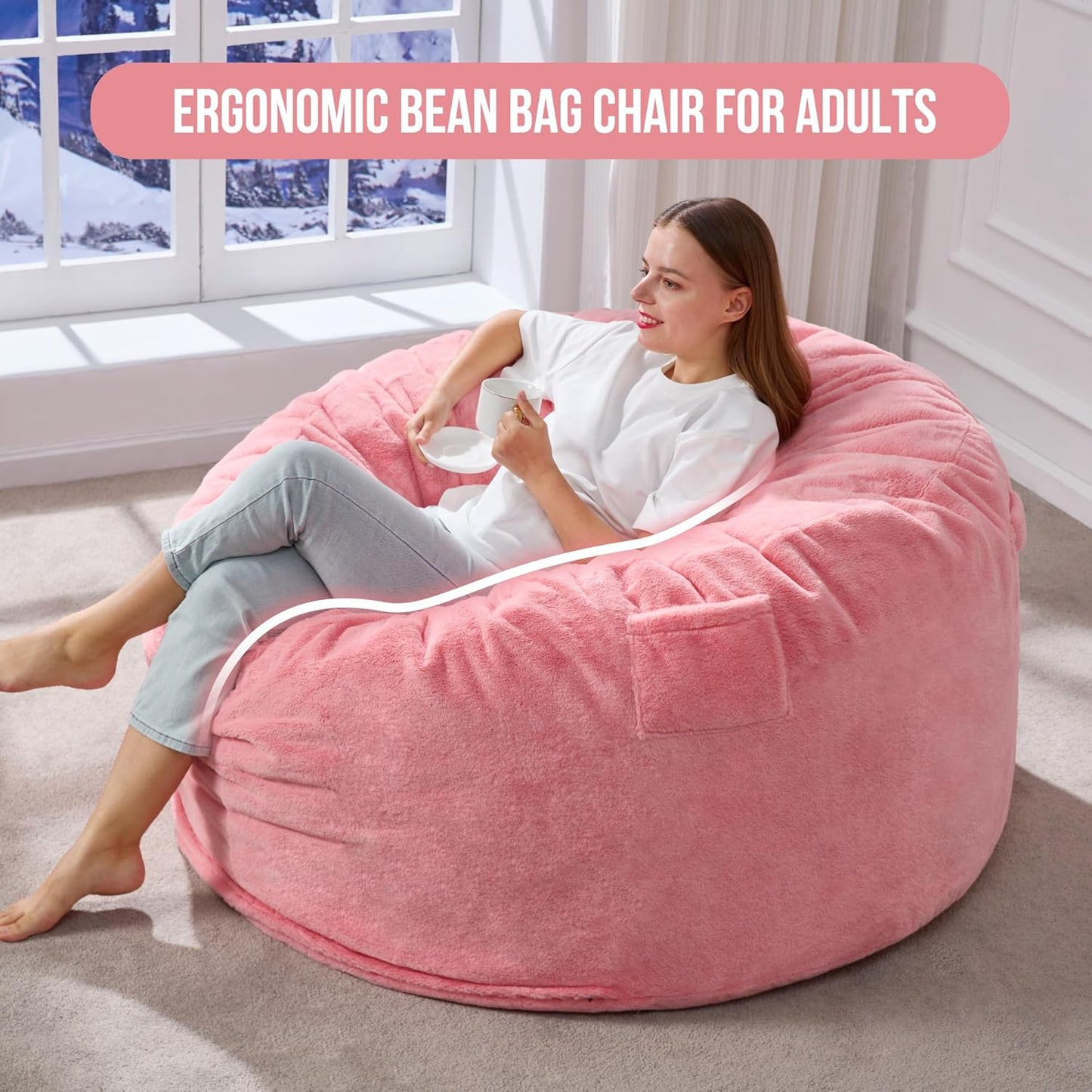 Hobestluk 4ft Bean Bag Chairs for Adults Large Beanbag Chair with Plush Faux Fur Cover Big Bean Bag Chair for Living Room Bedroom Dorm Office -Pink (44” x 44” x 24”)