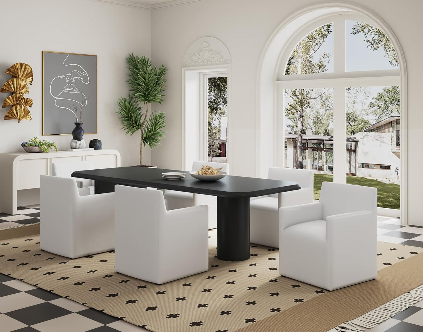 Manhattan Comfort Anna Square Modern Dining Chair with Arms, Head-to-Toe Faux Leather Upholstered Accent Armchair with Plastic Foot Padding, Set of 1, Cream