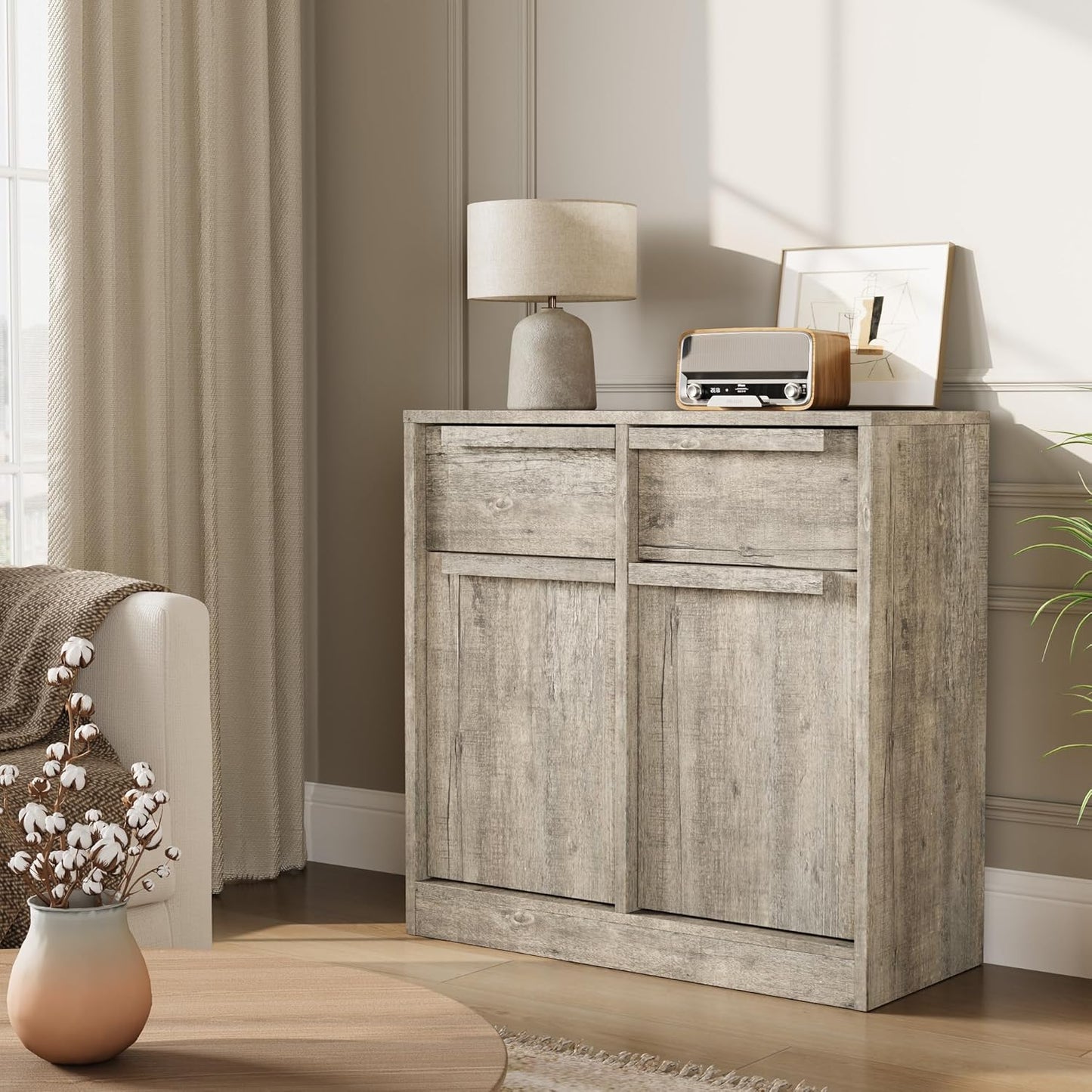 GarveeHome Sideboard Buffet Cabinet with 2 Drawers, 31.5" Large Coffee Cabinet with Storage, Modern Storage Buffet Table for Kitchen Dining Room, Living Room (Grey, 2 Doors & 2 Drawers)