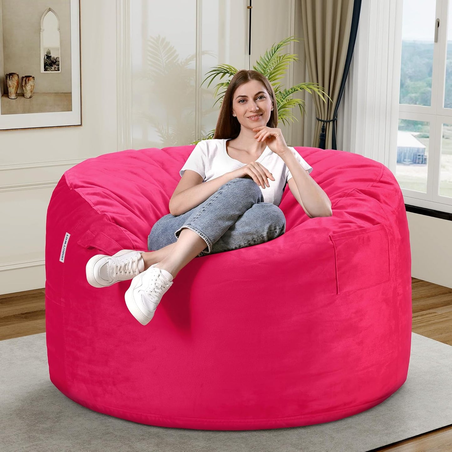 HABUTWAY Bean Bag Chair 3Ft Luxurious Velvet Ultra Soft Fur with High Rebound Memory Foam Bean Bag Chairs for Adults Plush Lazy Sofa with Fluffy Removable Sponge 3' (Hot Pink)