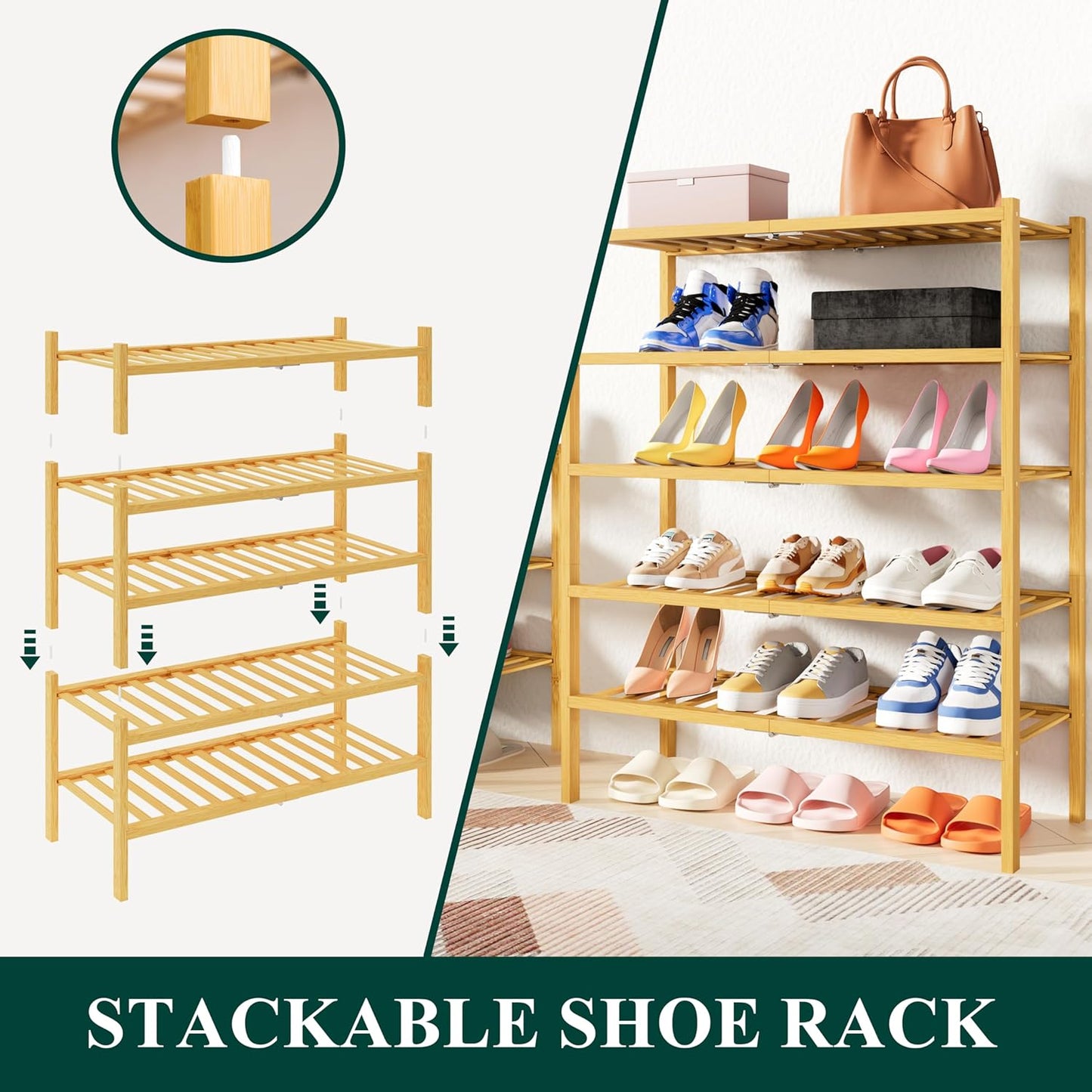 Smiry Shoe Rack, 5 Tier Thick Bamboo Shoe Organizer, Stackable Free Standing Wooden Shoe Storage Shelf for Closet, Entryway, Front Door Entrance, Natural