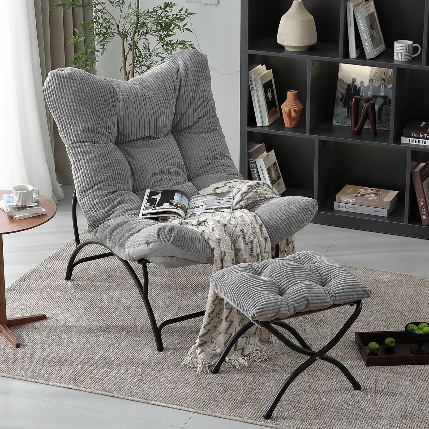 Welnow Accent Chair with Ottoman, Lounge Comfy Soft Leisure Metal Frame Reading Chair with Footrest, Upholstered Thick Cushion Seated Recliner Sofa for Living Room, Bedroom, Dorm, Light Grey