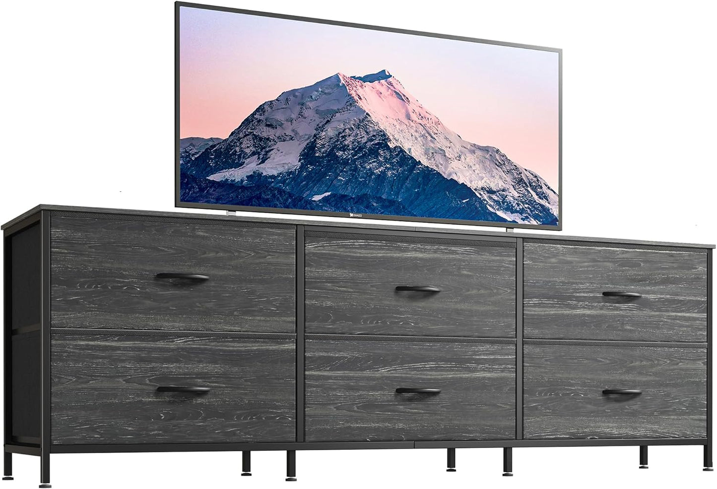 Huuger 63 Inch Long Dresser for Bedroom, TV Stand for 55, 65, 70 Inch TV, 6 Drawer Dresser for Closet with Fabric Drawers, Storage Organizer for Bedroom, Entryway, Charcoal Black Wood Grain Print