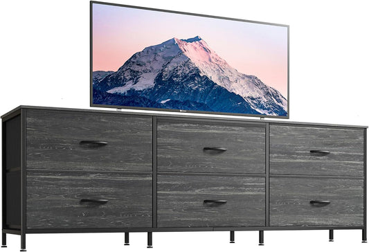Huuger 63 Inch Long Dresser for Bedroom, TV Stand for 55, 65, 70 Inch TV, 6 Drawer Dresser for Closet with Fabric Drawers, Storage Organizer for Bedroom, Entryway, Charcoal Black Wood Grain Print