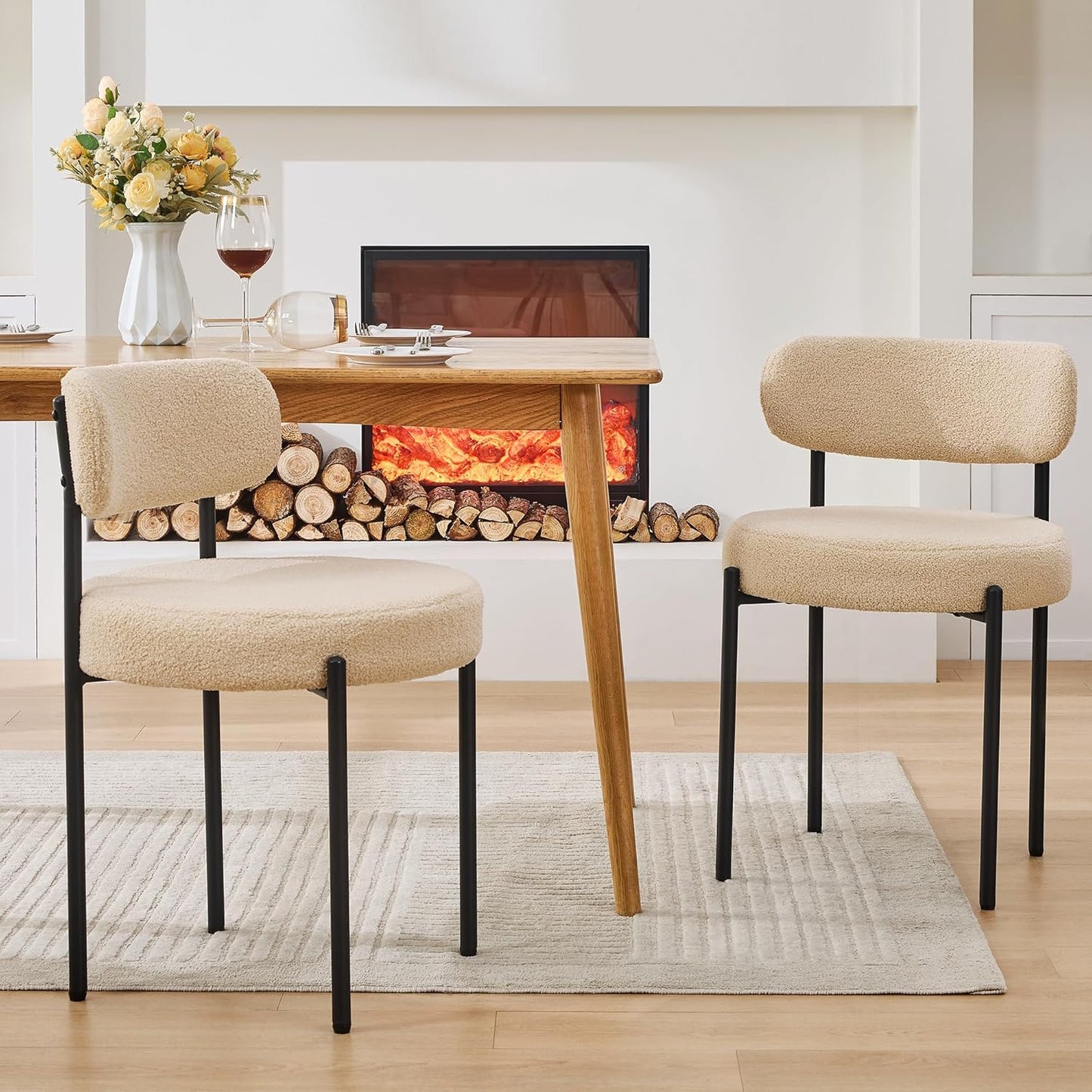 Boucle Dining Chairs, Kitchen Dining Room Chairs Curved Backrest Upholstered Mid Century Modern Dining Chairs (Beige, 2pcs)