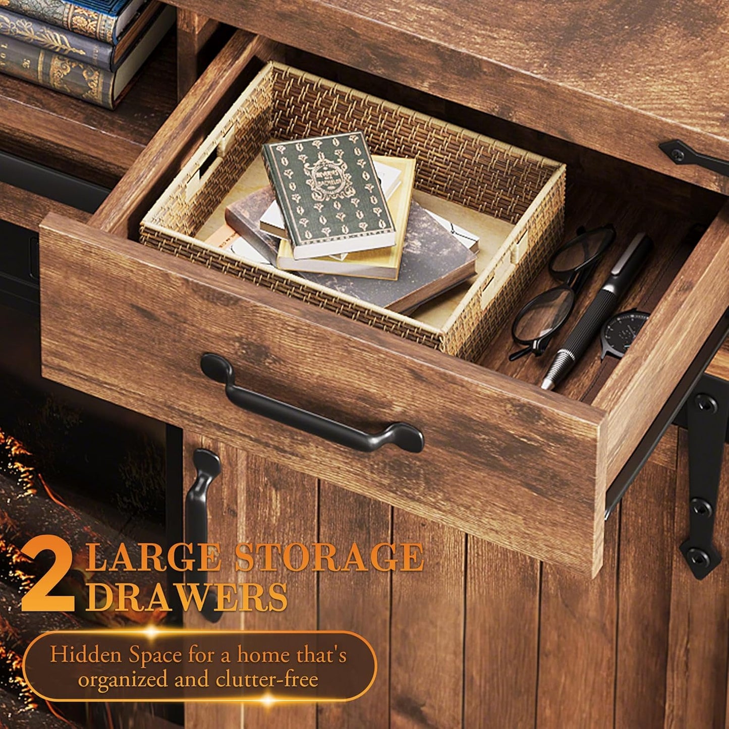 59'' Fireplace TV Stand with 3D Flame Electric Fireplace Heater, 34'' Tall Farmhouse TV Stand for 65 Inch TV, Entertainment Center TV Console with 2 Drawers, Sliding Barn Door for Living Room - Brown