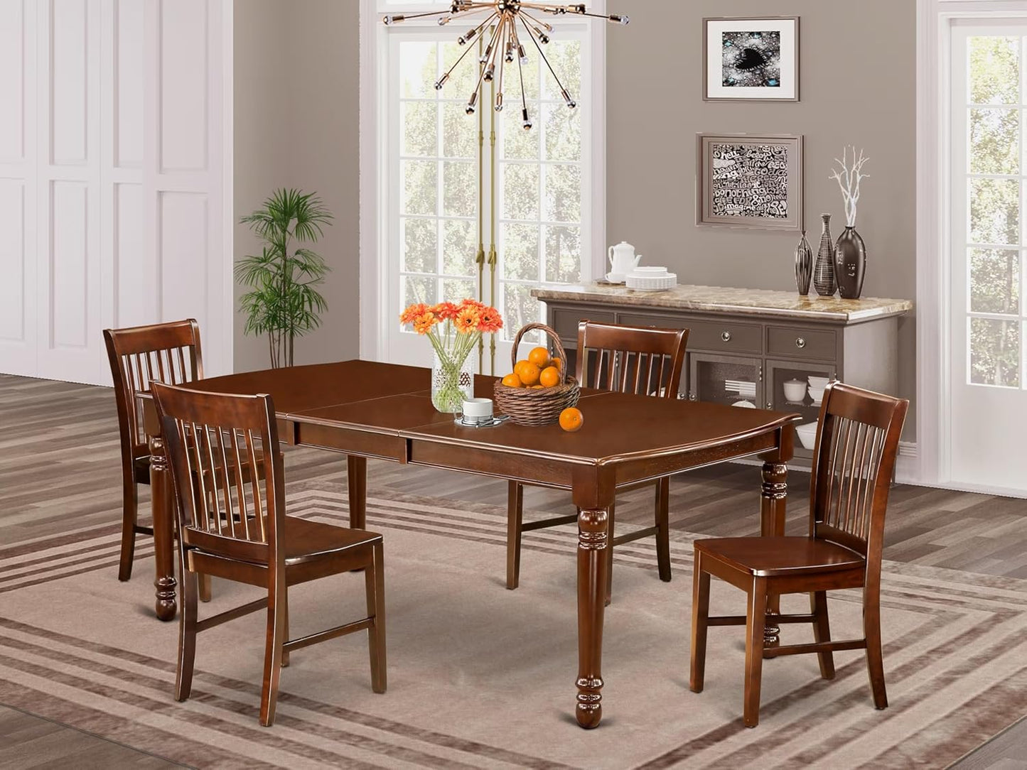 East West Furniture DONO5-MAH-W 5 Piece Dining Table Set for 4 Includes a Rectangle Kitchen Table with Butterfly Leaf and 4 Kitchen Dining Chairs, 42x78 Inch, Mahogany