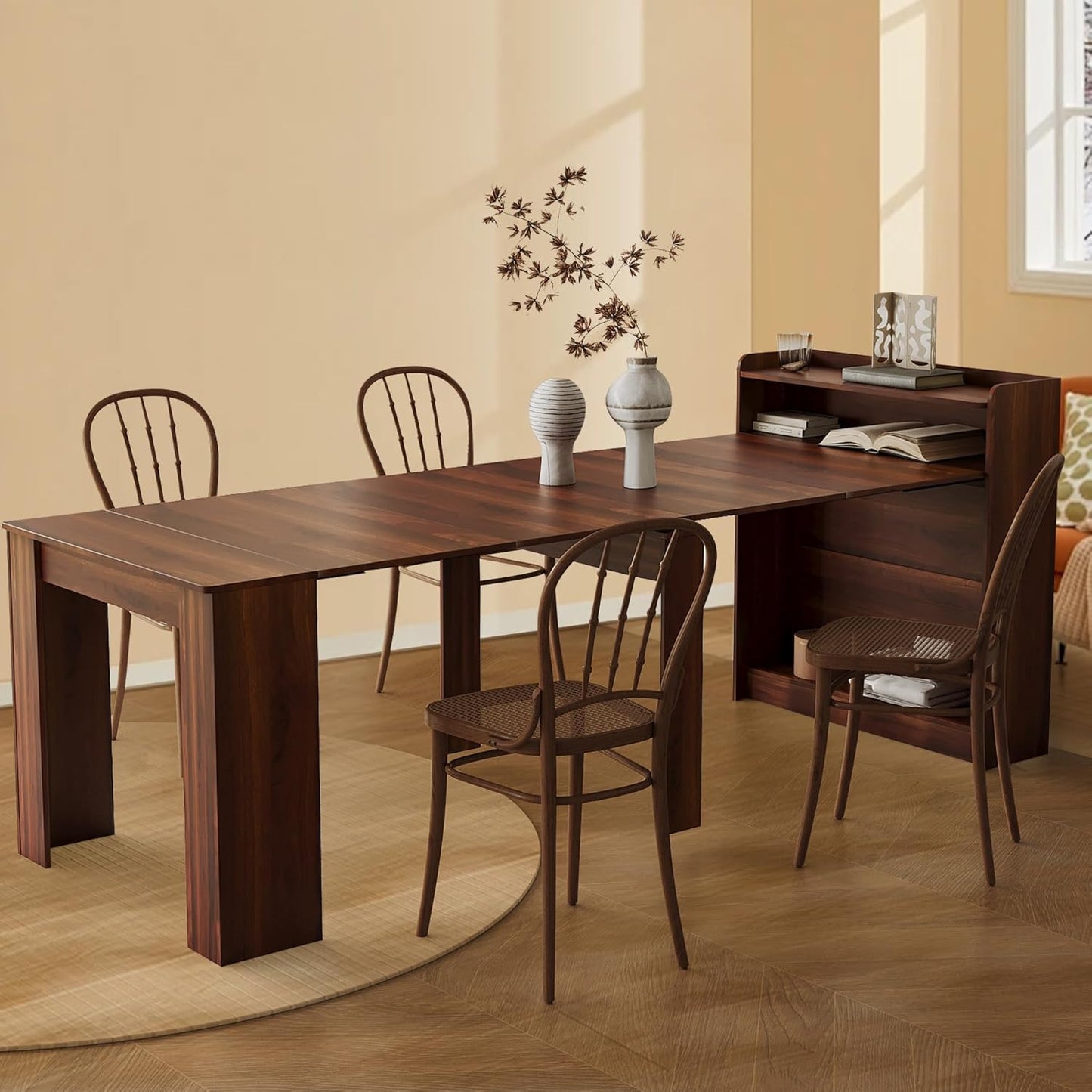 Expandable Dining Table, Convertible Table for Dining Room, Kitchen and Small Spaces, for 2-7 People(with Storage Shelf), Walnut Brown