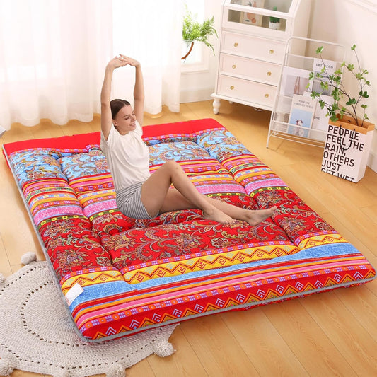 Bohemian Retro Japanese Floor Mattress, Vintage Floral Tatami Floor Mat, Portable Roll up Futon Mattress for Guest,Tavel (E,Queen80 X 60")