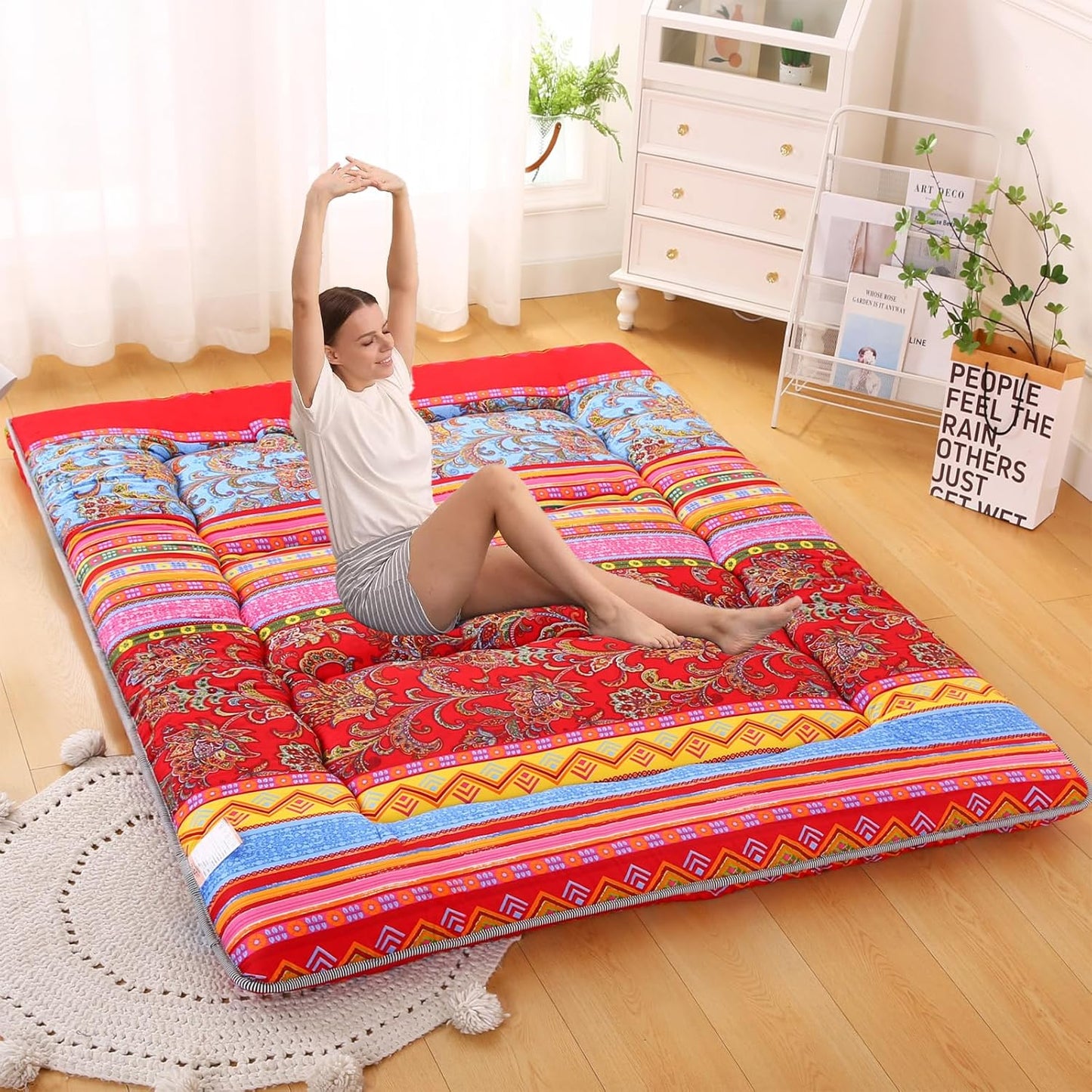 Bohemian Retro Japanese Floor Mattress, Vintage Floral Tatami Floor Mat, Portable Roll up Futon Mattress for Guest,Tavel (E,Full 80" X 47")