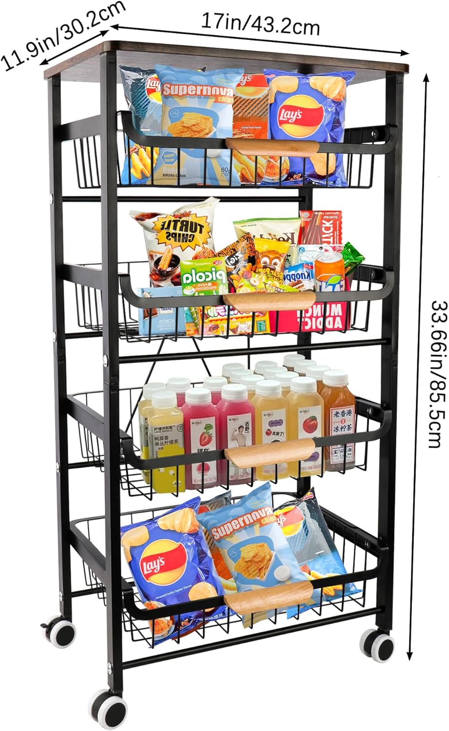 Black 5-Tier Fruit & Veggie Storage Cart on Wheels - Pull-Out Kitchen Organizer with 3 Tiers for Potatoes, Onions, & More