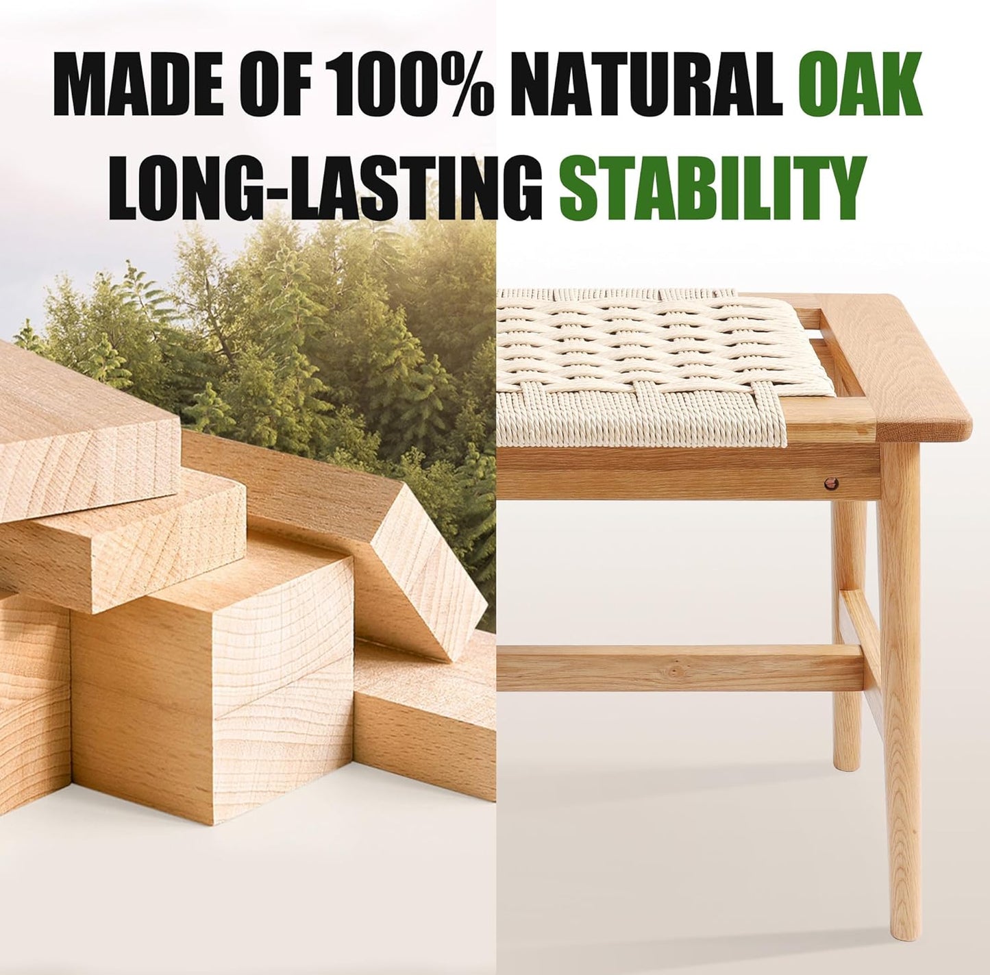 33.5" L Wood Dining Bench Indoor, 100% Natural Solid Oak Bed Bench Hand Woven Enterway Bench Small Bench for Dining Room, Bedroom, Kitchen (Creamy White)