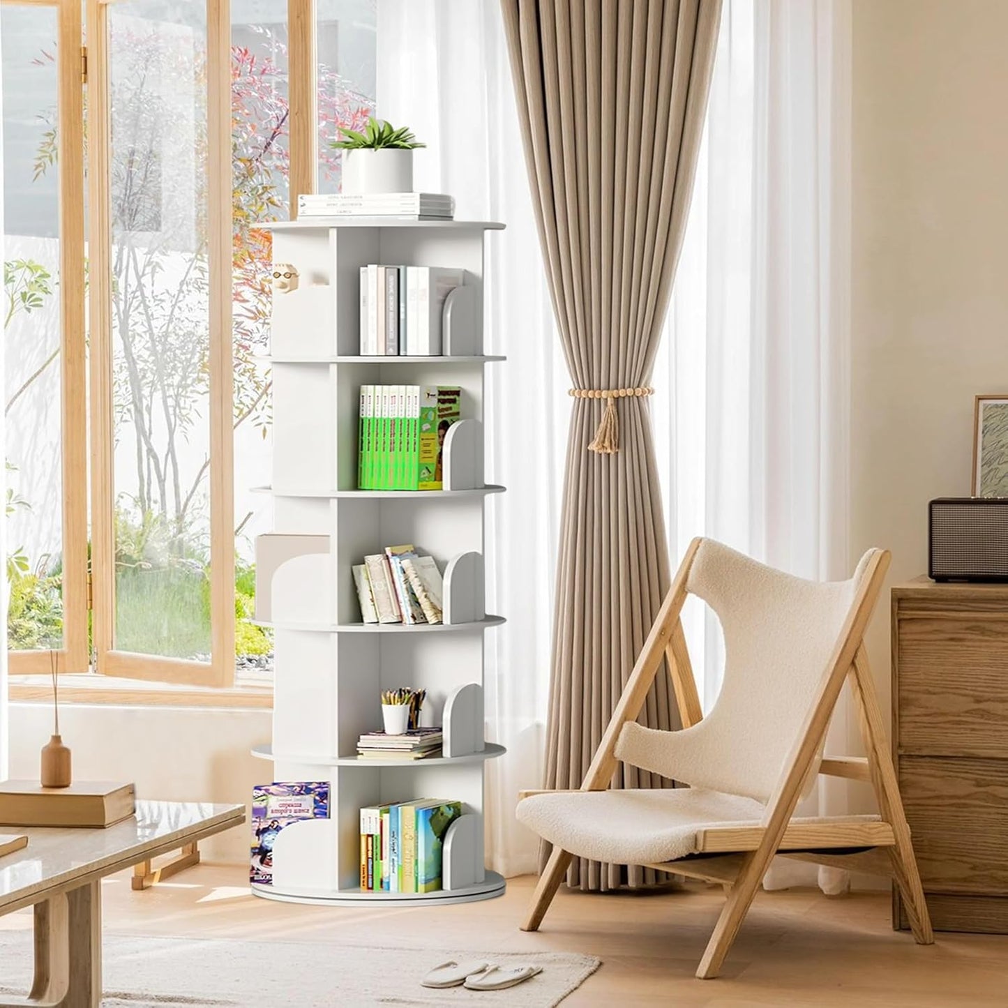 5 Tier Rotating Bookshelf Tower, 360 Display Wood Spinning Bookshelf Tower Revolving Bookcase, 360 Book Shelf Storage Round Carousel, Vertical Rotate Turning Spiral Corner Organizer for Bedroom, White