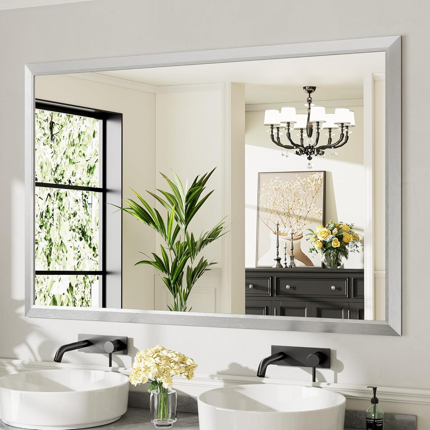 60x40 Inch Silver Bathroom Mirror for Wall, Thick Metal Framed Rectangle Mirrors for Over Sink, Bedroom, Living Room, Entryway, Anti-Rust, HD Tempered Glass