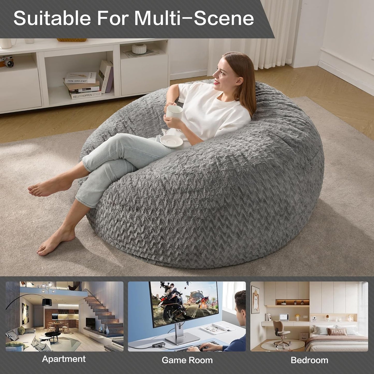 Hobestluk 5ft Bean Bag Chairs for Adults Large Beanbag Chair with Chevron Plush Fur Cover Big Bean Bag Chair for Living Room Bedroom Dorm Office - Grey (50” x 50” x 24”)