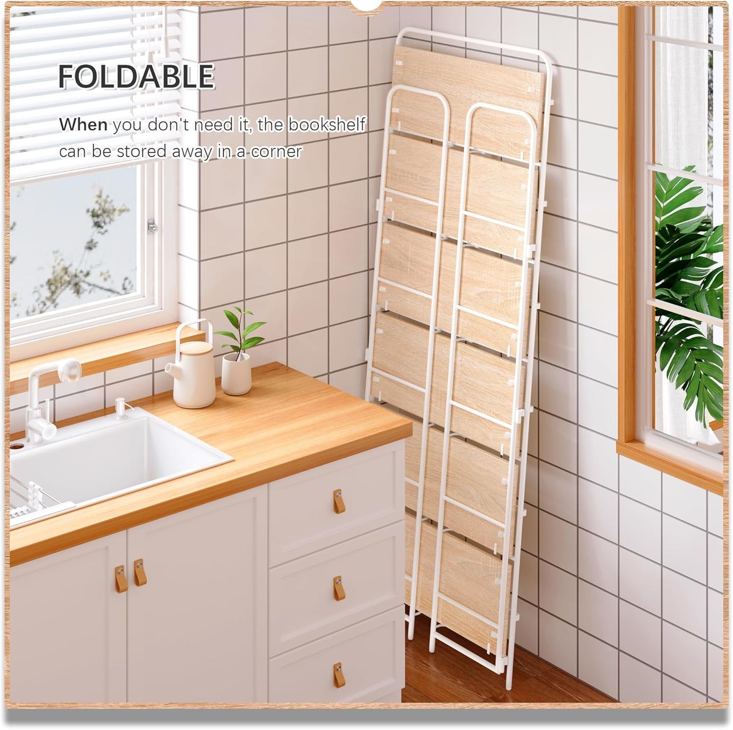 4NM No Assembly Folding Bookshelf 6 Tiers Vintage Industrial White Book Shelf Metal Foldable Storage Bookcase and Bookshelves for Living Room,Bedroom and Kitchen - Natural