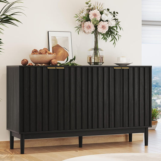 Fluted Cabinet with Storage, Small Buffet Cabinet Sideborad with Door, Kitchen Buffet Storage Accent Cabinets with Adjustable Shelves for Living Room, Entry, Hallway,Black