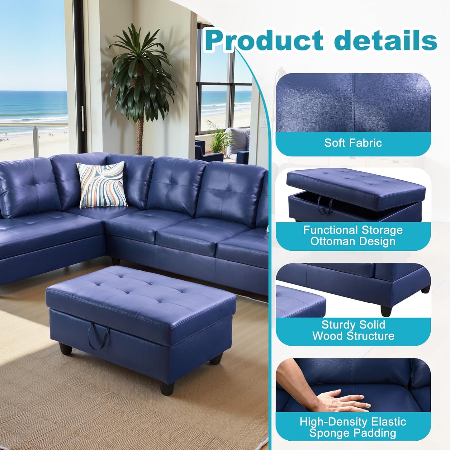 L Shaped Couch PU Leather Sectional Couch Upholstered 3 Pieces Sofas for Living Room with Chaise, Storage Ottoman for Office and Small Apartment, Blue