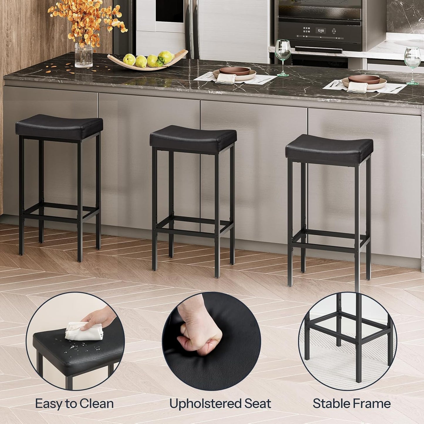 HOOBRO Bar Stools,Set of 3 Bar Chairs, Counter Height Bar Stools, Saddle Stools, Set of 3 Kitchen Stools, 24.8" Barstools, 2.4" Thick Upholstery, for Kitchen, Dining Room, Cafe, Black BB10BYP301