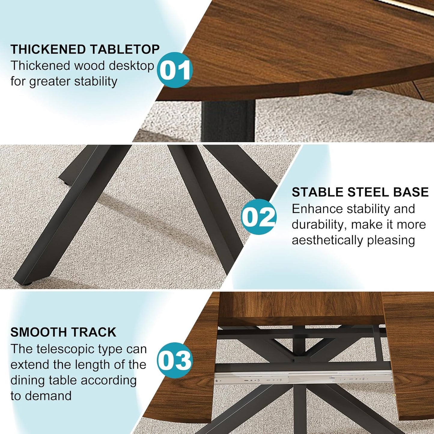 43"- 59" Extendable Dining Table for 4-6, Retractable Round Dinner Table Wood Oval Kitchen Tables Farmhouse Steel Base Dining Room Tables for Small Space, Kitchen, Living Room, Walnut