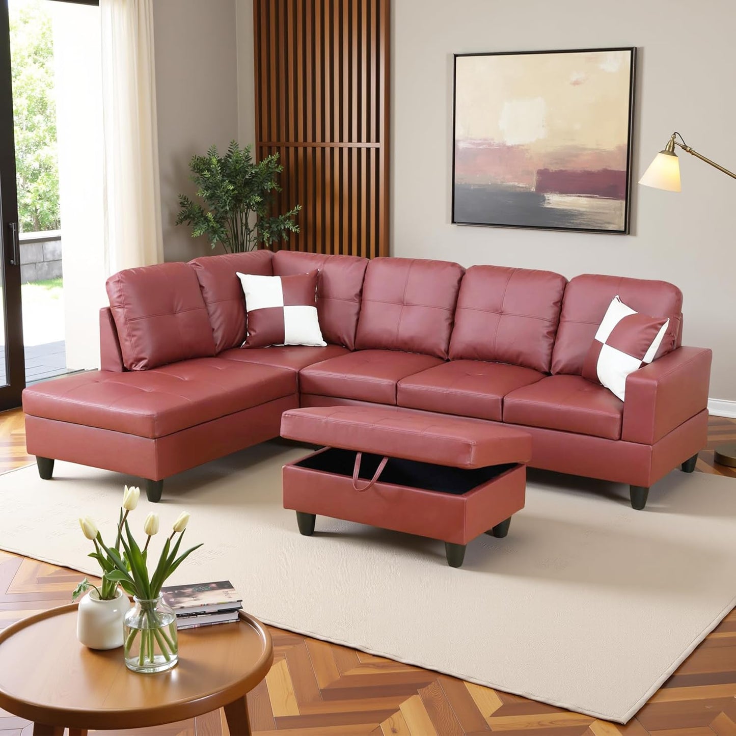 L Shaped Couch Faux Leather Sectional Couch Upholstered 3 Pieces Sofas for Living Room with Chaise, Storage Ottoman for Office and Small Apartment, Dark Red