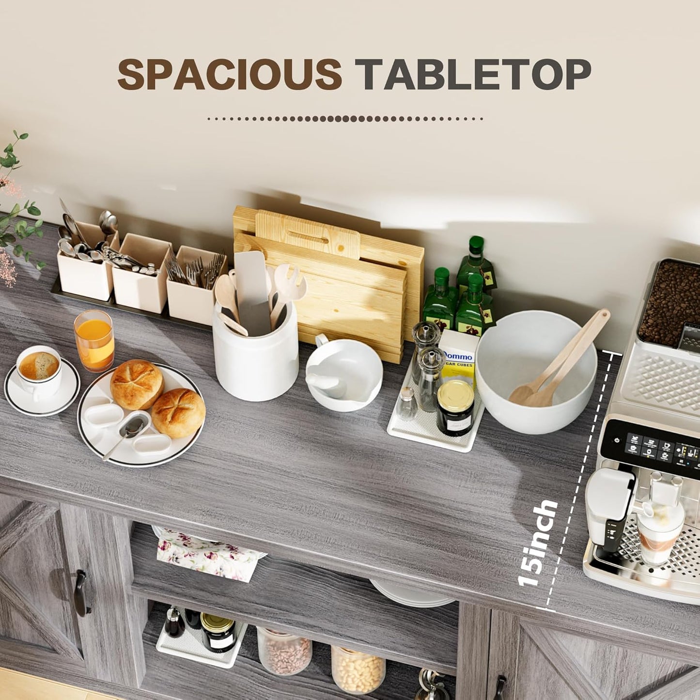 YESHOMY Farmhouse Buffet & Sideboard, 58" Kitchen Storage Cabinet with Adjustable Shelves & Doors, Wood Coffee Bar for Living Room, Entryway, Gray Washed