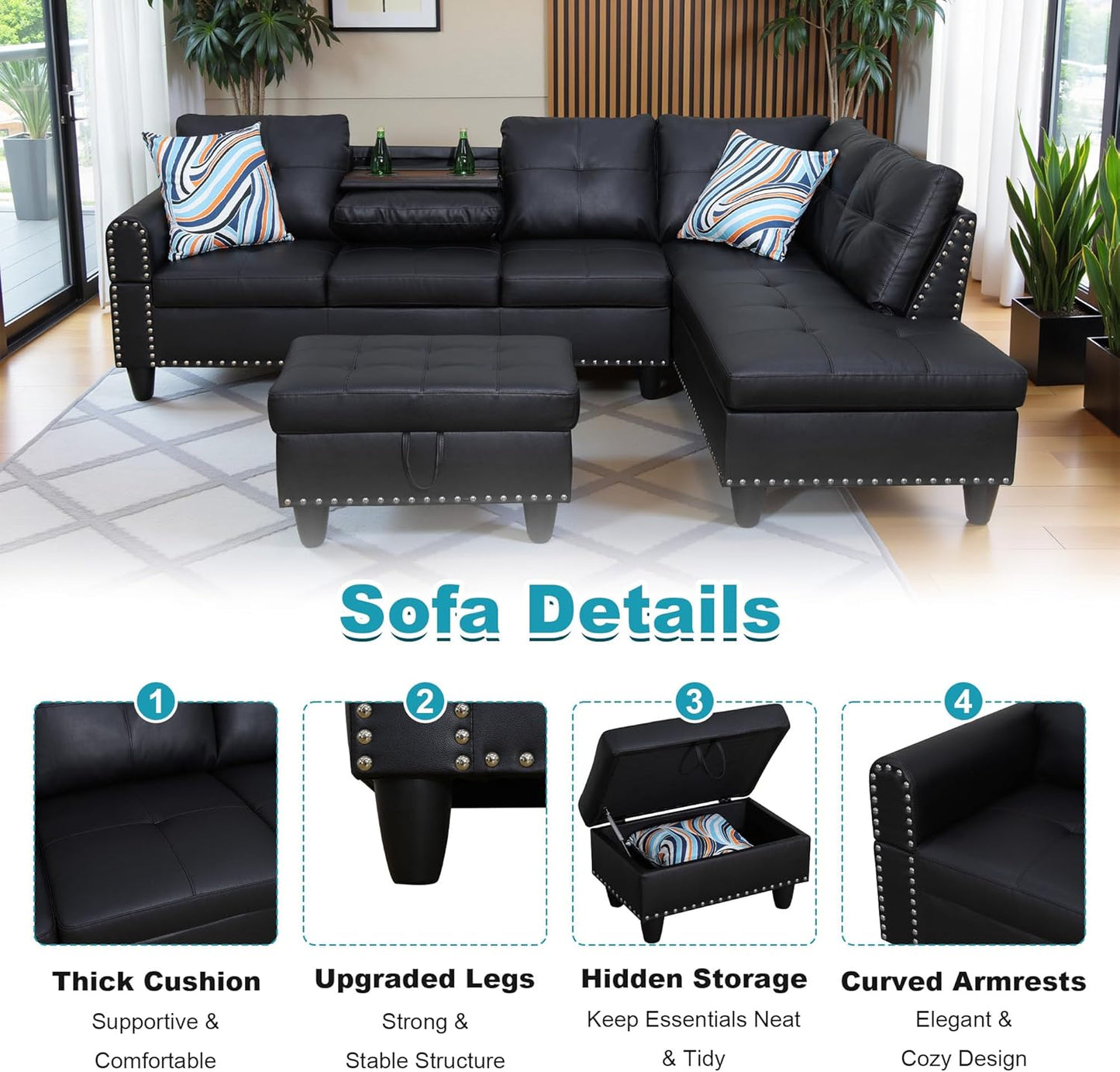 97.5" Oversized Sectional Couch, L Shaped Couch with Storage Ottoman, Modern Modular Sofa with Deep Seat, Sectional Couches for Living Room and Office, Black (Faux Leather)