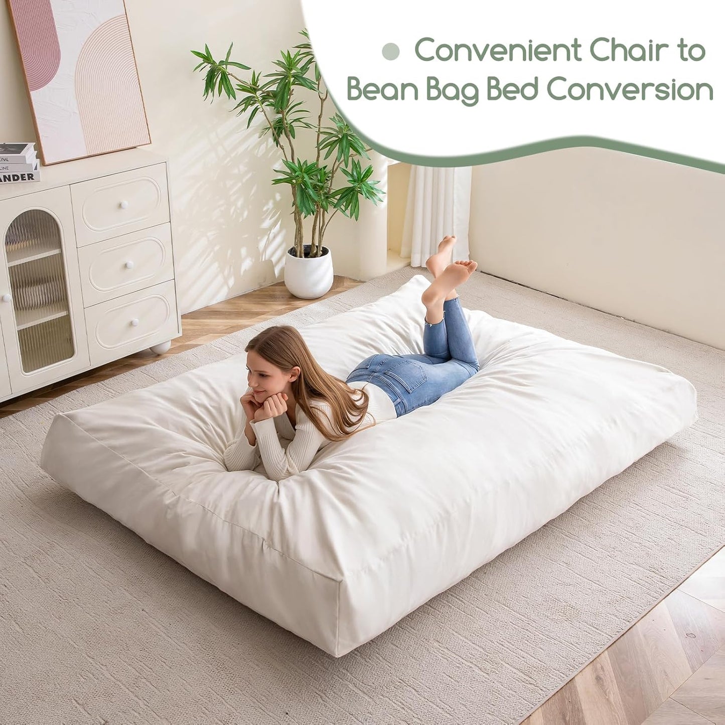 HIGOGOGO Giant Bean Bag Chair Bed for Adults,Convertible Beanbag Folds from Lazy Chair to Floor Mattress Bed,Large Floor Sofa Couch with High-Density Foam Filling, Machine Washable