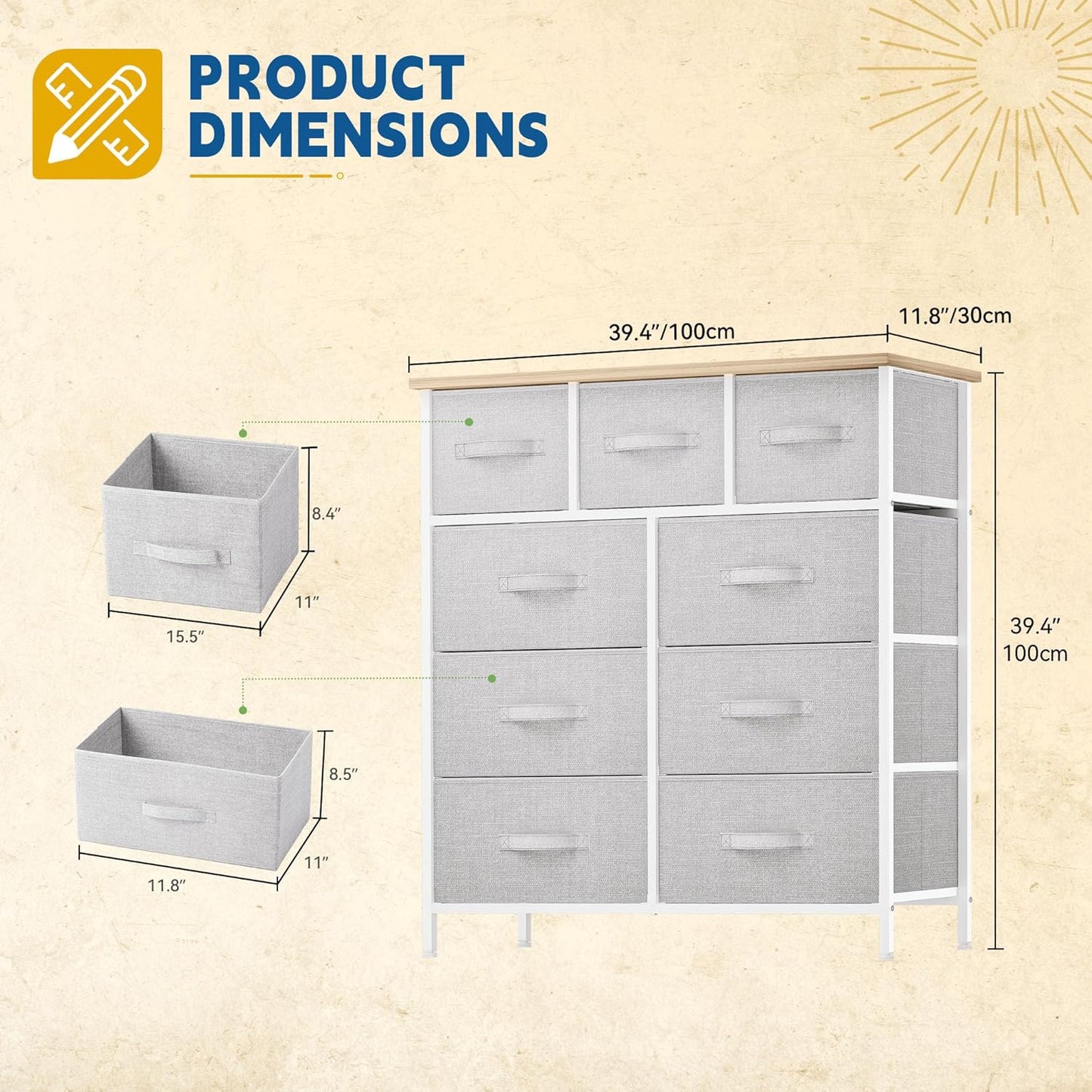 DWVO 9 Drawer Dresser, Light Gray Fabric Storage Tower, Tall Organizer Unit for Room, Living Room, Hallway, Closets - Sturdy Steel Frame, Wooden Top & Easy Pull Bins