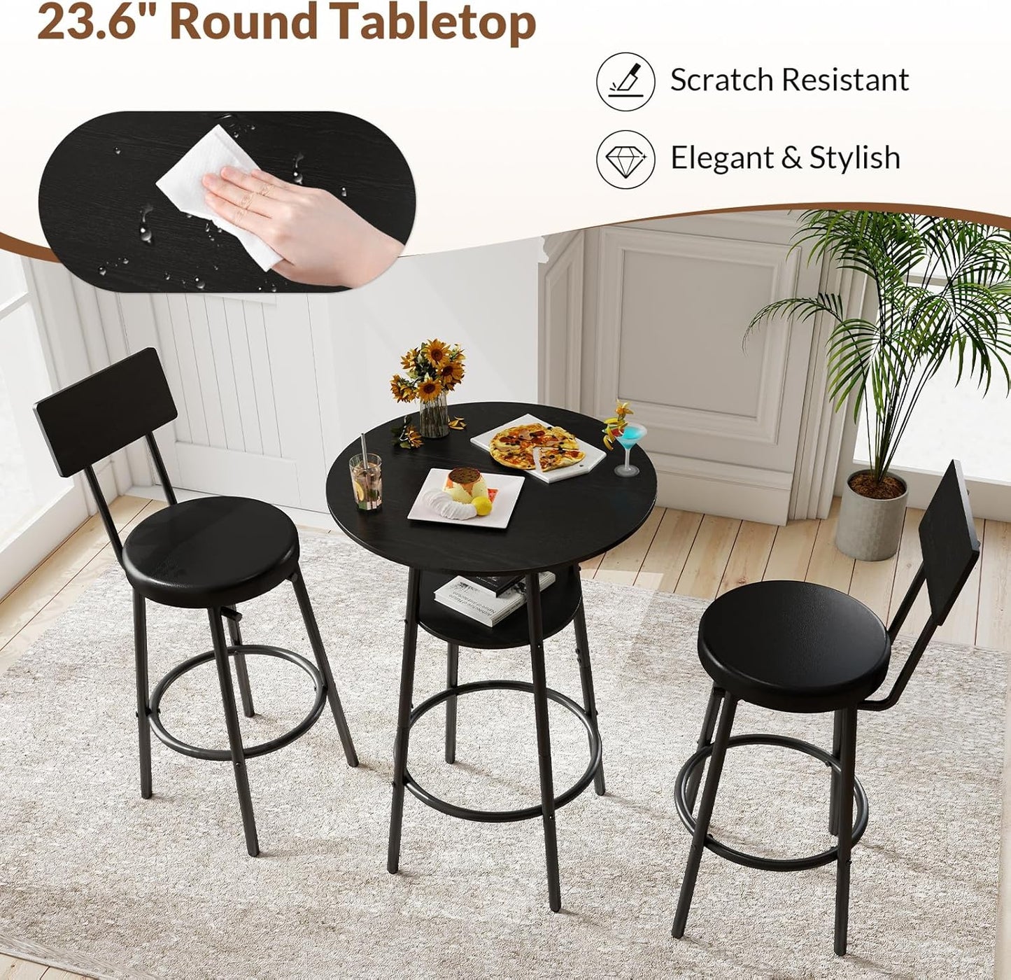 3 Pieces Round Bar Table Set, Small Dining Table for 2, Black Kitchen Bar Table, Breakfast Table with Storage, 2 Thickened Cushion Stools with Backrest for Dining Room & Bistro-Black