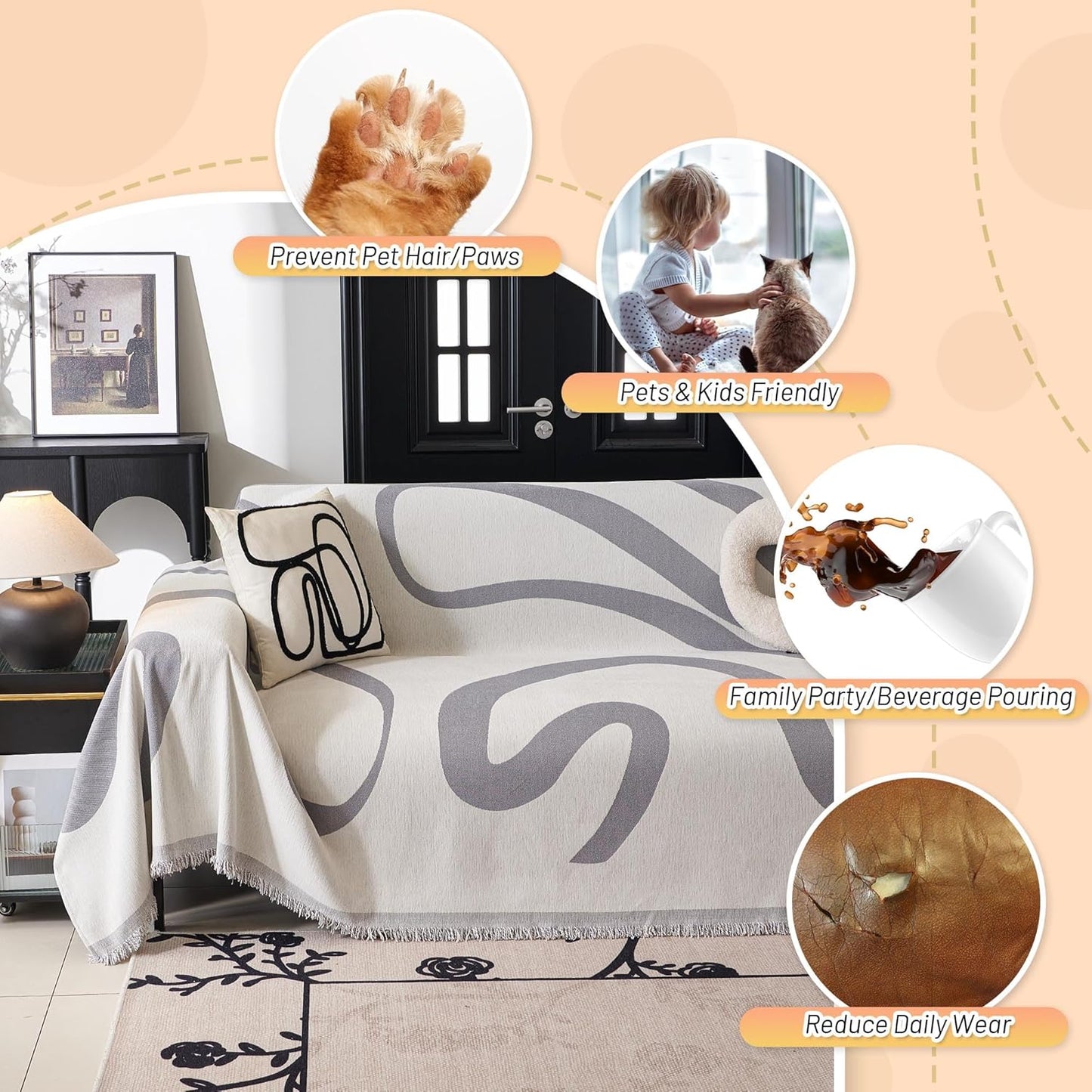 MYSKY HOME Boho Couch Cover Super Soft Couch Covers for 2-3 Cushion Couch Sofa, Modern Grey Jacquard Sofa Slipcover Loveseat Futon Cover, Couch Covers for Sectional Sofa, 71" x 134", Grey Curve