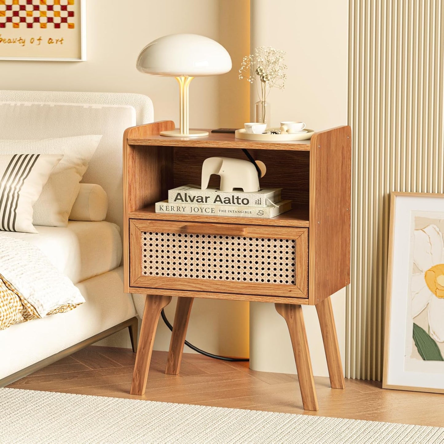 Lerliuo Rattan Nightstand with Charging Station, Side Table with Drawer, Cane Accent Bedside End Table with Solid Wood Legs, Night Stand for Bedroom, Dorm and Small Spaces (Tea Brown)