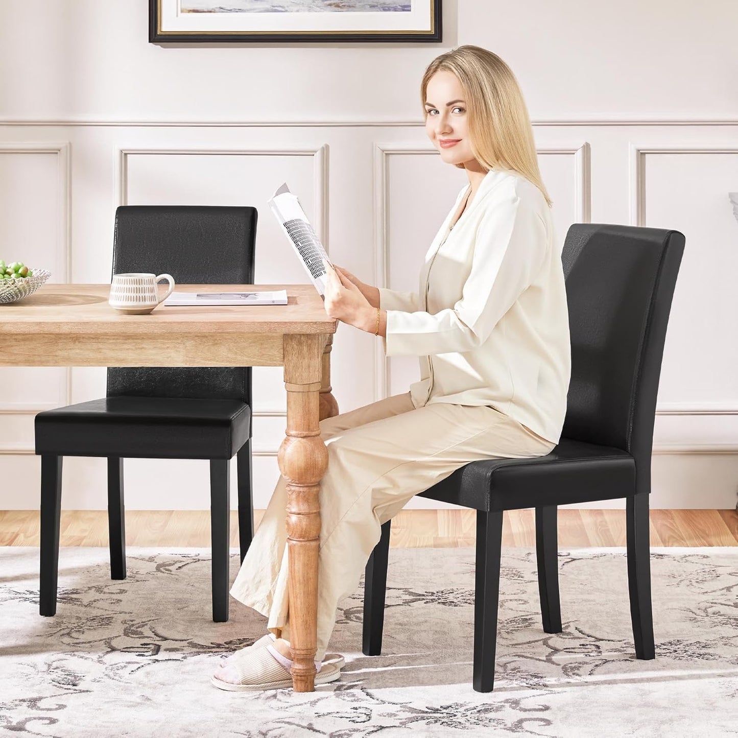 Yaheetech Dining Chairs Set of 2 Faux Leather Modern Dining Room Chairs with Rubberwood Legs and Padded Seat for Kitchen/Living Room/Restaurant, Black