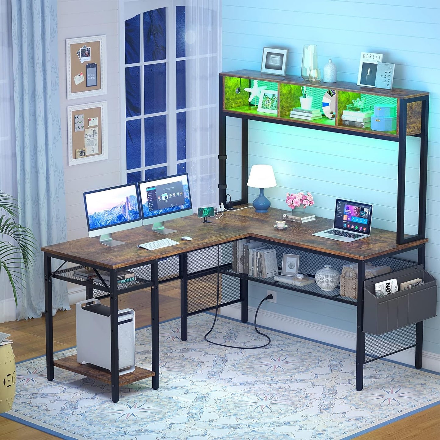 Unikito L Shaped Computer Desk with LED Strip and Power Outlets, Reversible L-Shaped Corner Desk with Storage Shelves and Bag, Rustic Brown